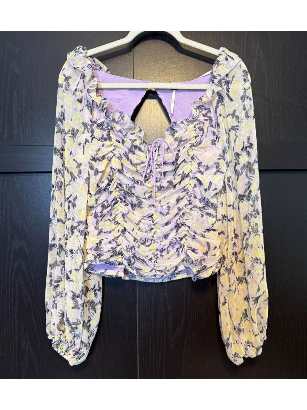 Free People Mable Colorful Ruched Peasant Blouse Large Long Sleeves Cut Out Boho
